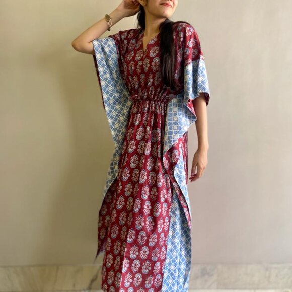 Brand New Women Indian Handmade Cotton Kaftan Hand Block Print Caftan Gown - Picture 4 of 8